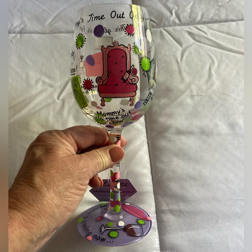 NIB Lolita- Hand painted wine glass. “Mommy’sTime Out”.